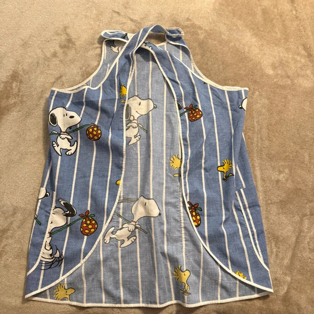 Vintage Snoopy Woodstock Peanuts Blue Striped Cobbler Apron Snap Pockets